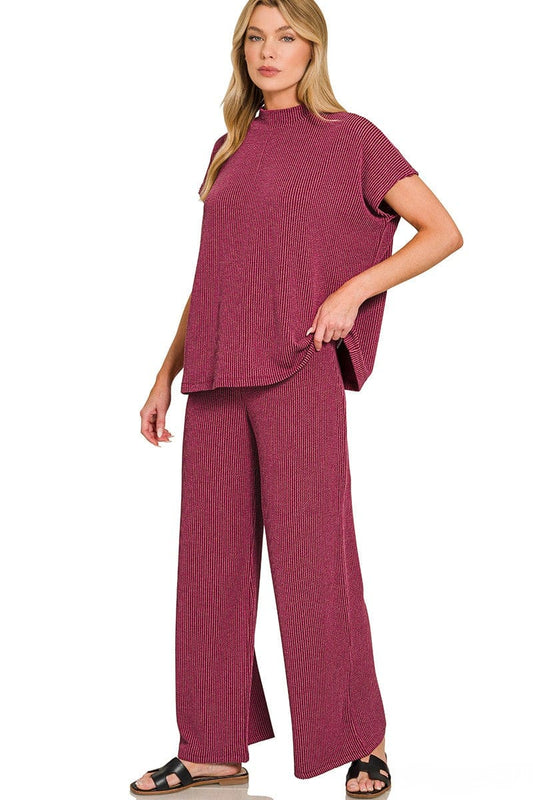 Burgundy Mock Neck Ribbed Set